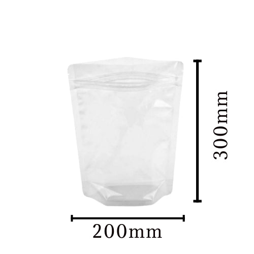Clear stand-up pouch with a zipper, dimensions marked as 200mm x 300mm.